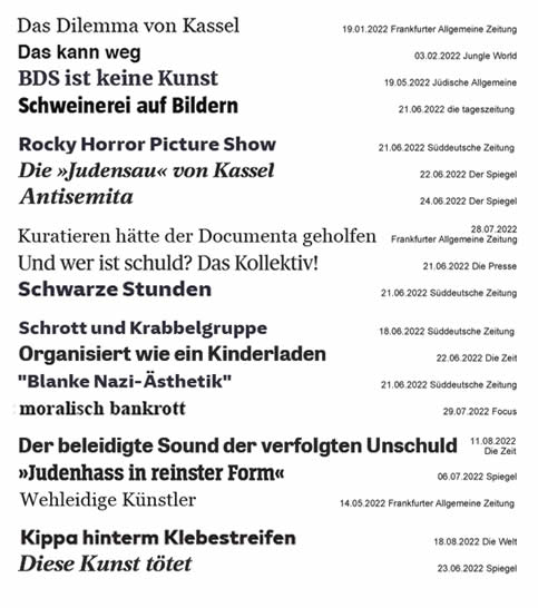                           Ausgehend von der unisono harschen medialen Kritik an der documenta fifteen und dem Filmklassiker 'Indien', in dem zwei Hygiene-Kontrolleure auf ihren Reisen zu Gasthäusern in der österreichischen Provinz begleitet werden, machen wir uns zu einer Kontroll-Reise zur Manifesta 14 ins Kosovo auf.  Sind etwa auch dort Verfehlungen auszumachen, welche über die Freiheit der Kunst hinausgehen?   Unser Lied berichtet davon.                         1. Antisemitisch und BDS nah documenta fifteen geriet zum Skandal Panischer Aufschrei im Feuilleton Einig auch die Expert:innenkommission Wird die Freiheit der Kunst auch woanders missbraucht? Manifesta-Kontrolldienst ins Kosovo!  2. Der Eintritt ist frei doch die Treppe gesperrt Vor der Nutzung des Aufzuges wird gewarnt  Sicherheitsmängel bei Wasser und Strom Stolperfallen am blühenden Korridor  Unbetreute Ruine als Ausstellungsort Eine Caféteria ohne Kaffee!  Das geht noch durch, kann mal passier’n Wenn man bedenkt: documenta fifteen hatte Zehnmal mehr Kohle am Start! Was bleibt zum Schluss? Ein Schuldenberg Doch auch viel Lob; ein starkes Stück Das Hoffnung weckt, für die Kultur  Lass erst mal weiterseh’n   3. Unkommentiert zeigt man Literatur von Heidegger, Hoxha und UÇK  Ein muslimischer Künstler den Beichtvater fragt:  Straft denn Gott durch Geburt in das Kosovo? Mutter Theresa verhöhnt, ein Mercedes zerstört Eine Tanke am Märtyrermonument!   4. Denkmal der Einheit in Telekom-Pink Fadenscheinige Kunst der Beteiligung  Aufruf zum Umsturz des Bankensystems Zum Tausch der Regierung durch 'Rent a Gov.' Alfred Wunderwalds Zeichnung von Künstlern geschwärzt  und am Ende vom Lied ein erregtes Glied!  Was ist denn das? Freiheit der Kunst. Darf das denn sein? Verletzte Gefühle sind kein  Argument das die Kunstfreiheit schlägt! Das geht zu weit - was darf Kritik? Keine Zensur, bei der Kultur Am Ende bleibt als Resumé: 'OK' vom MKD    Liedtext: Winkler/Köperl 2022      Mit den Schlagzeilen zur documenta fiftenn synchronisiertes Video                Ausstellungsansicht: Presseartikel zur documenta fifteen                                                         Ausgehend von der unisono harschen medialen Kritik an der documenta fifteen und dem Filmklassiker 'Indien', in dem zwei Hygiene-Kontrolleure auf ihren Reisen zu Gasthäusern in der österreichischen Provinz begleitet werden, machen wir uns zu einer Kontroll-Reise zur Manifesta 14 ins Kosovo auf.  Sind etwa auch dort Verfehlungen auszumachen, welche über die Freiheit der Kunst hinausgehen?   Unser Lied berichtet davon.                         1. Antisemitisch und BDS nah documenta fifteen geriet zum Skandal Panischer Aufschrei im Feuilleton Einig auch die Expert:innenkommission Wird die Freiheit der Kunst auch woanders missbraucht? Manifesta-Kontrolldienst ins Kosovo!  2. Der Eintritt ist frei doch die Treppe gesperrt Vor der Nutzung des Aufzuges wird gewarnt  Sicherheitsmängel bei Wasser und Strom Stolperfallen am blühenden Korridor  Unbetreute Ruine als Ausstellungsort Eine Caféteria ohne Kaffee!  Das geht noch durch, kann mal passier’n Wenn man bedenkt: documenta fifteen hatte Zehnmal mehr Kohle am Start! Was bleibt zum Schluss? Ein Schuldenberg Doch auch viel Lob; ein starkes Stück Das Hoffnung weckt, für die Kultur  Lass erst mal weiterseh’n   3. Unkommentiert zeigt man Literatur von Heidegger, Hoxha und UÇK  Ein muslimischer Künstler den Beichtvater fragt:  Straft denn Gott durch Geburt in das Kosovo? Mutter Theresa verhöhnt, ein Mercedes zerstört Eine Tanke am Märtyrermonument!   4. Denkmal der Einheit in Telekom-Pink Fadenscheinige Kunst der Beteiligung  Aufruf zum Umsturz des Bankensystems Zum Tausch der Regierung durch 'Rent a Gov.' Alfred Wunderwalds Zeichnung von Künstlern geschwärzt  und am Ende vom Lied ein erregtes Glied!  Was ist denn das? Freiheit der Kunst. Darf das denn sein? Verletzte Gefühle sind kein  Argument das die Kunstfreiheit schlägt! Das geht zu weit - was darf Kritik? Keine Zensur, bei der Kultur Am Ende bleibt als Resumé: 'OK' vom MKD    Liedtext: Winkler/Köperl 2022      Mit den Schlagzeilen zur documenta fiftenn synchronisiertes Video                Ausstellungsansicht: Presseartikel zur documenta fifteen                       documenta fifteen headlines